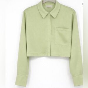 House of Harlow Light Green Cropped Satin Button-Up Shirt